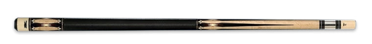 Black and pale wood pool cue on a black background.
