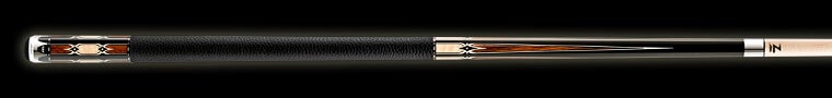Close-up of a pool cue with a black and light brown design