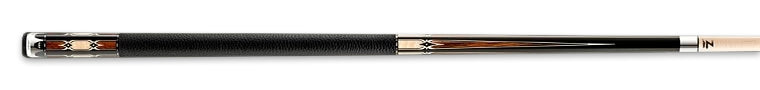 Close-up of a pool cue with a black and light brown design