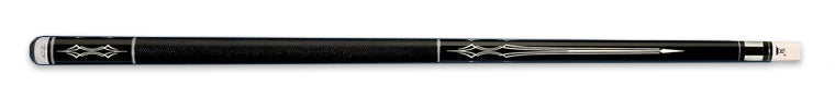 Black retired pool cue with intricate white detailing 