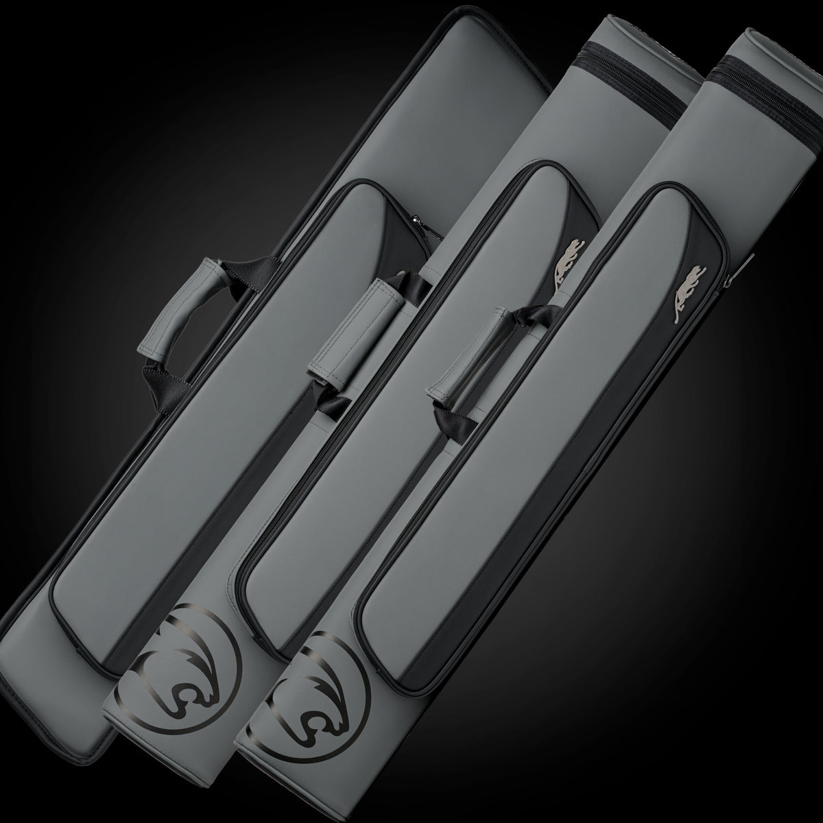 Three side-by-side Predator Roadline pool cue cases in grey and black color at a 30 degree angle