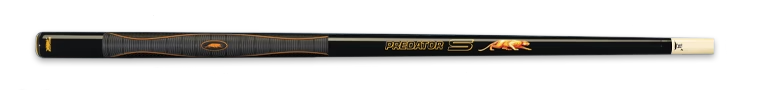 Glossy black pool cue with orange panther logo and yellow PREDATOR text 